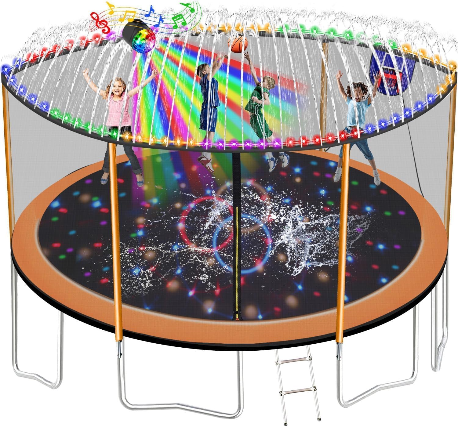 1500LBS 16FT 15FT 14FT 12 FT 10FT 8FT Tranpoline for Kids and Adults with Sprinkler, Lights with Music Speaker, Socks, Water Ball, Heavy Duty Outdoor Tranpoline with Net Enclosure and Ladder