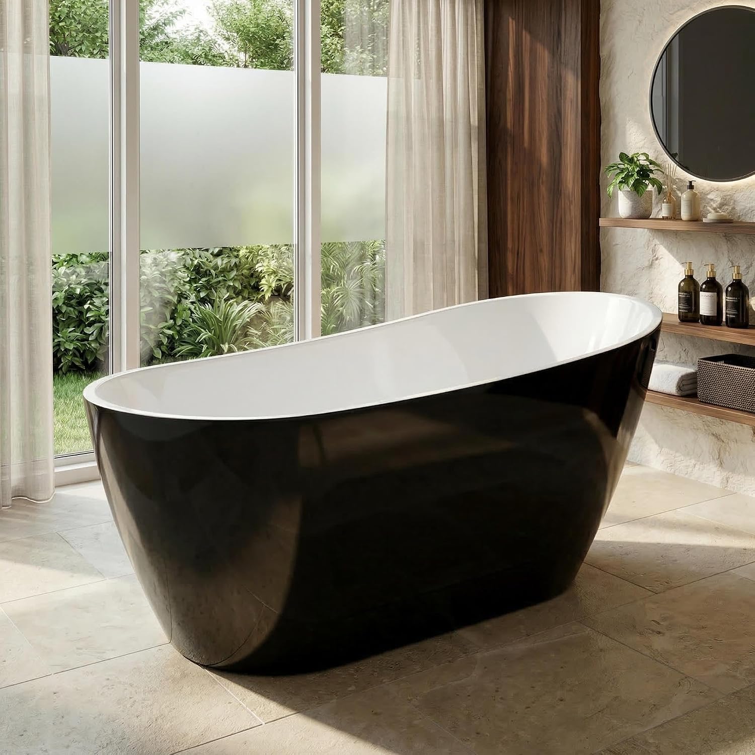 Acrylic Freestanding Bathtub, 67 Inch Deep Soaking Tub, One End Raised, White Interior Black Exterior, Chrome Pop-Up Drain, Overflow, Modern Acrylic Stand Alone Tub for Home, Bathroom