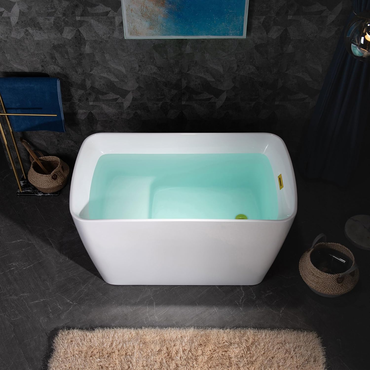 WOODBRIDGE 48' Acrylic Freestanding Square Shape Janpanese Soaking Tub with Pre-molded Seat and Brushed Gold Pop-Up Drain and Overflow Option, White,B0070-BG
