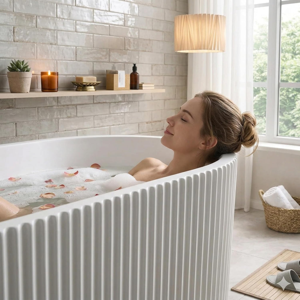 59 Inch Acrylic Freestanding Bathtub, Deep Soaking Tub with Non-Slip Base, cUPC Certified Free Standing Tub, Chrome Drain Bath Tub, Modern Tub for Bathrooms, White