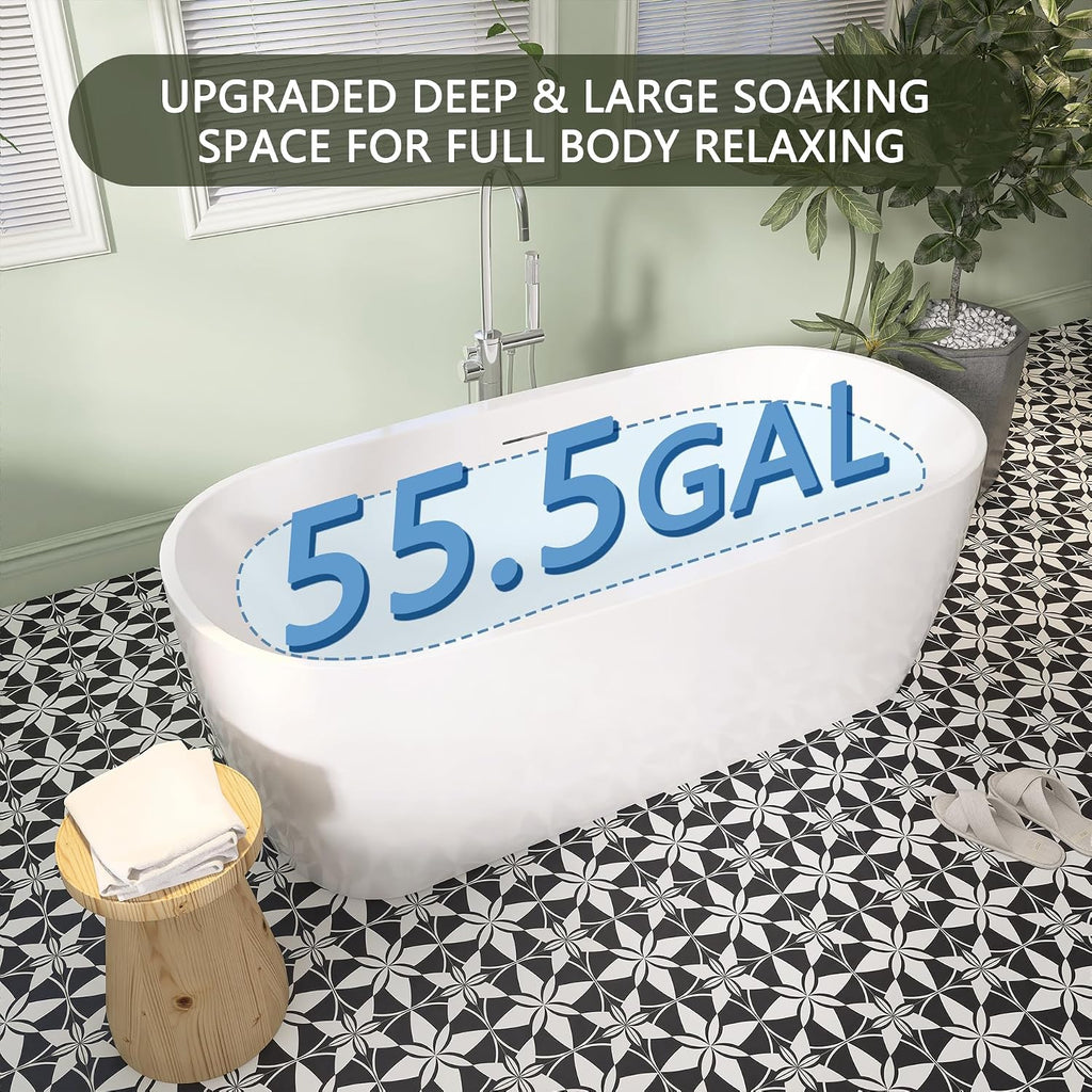 59' Free Standing Tub, Pure Acrylic Freestanding Bathtub, Stylish Stand Alone Contemporary Deep Soaking Bath Tub, cUPC Certified (Glossy White)