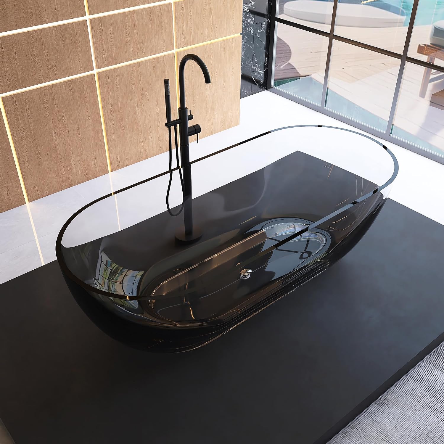 69' Freestanding Solid Surface Resin Stone Bathtub, Modern Design Stand Alone Tub with Drain, Transparent Gray 307TG1750