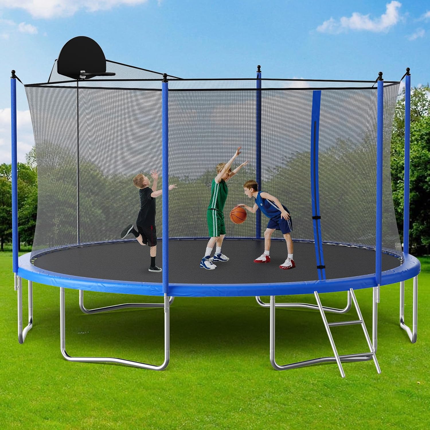 Skepphlay 16ft 14ft 12ft Trampoline Outdoor for Kids and Adults, ASTM Approved Recreational Trampoline, Round Trampoline with Basketball Hoop & Enclosure Net for Backyard