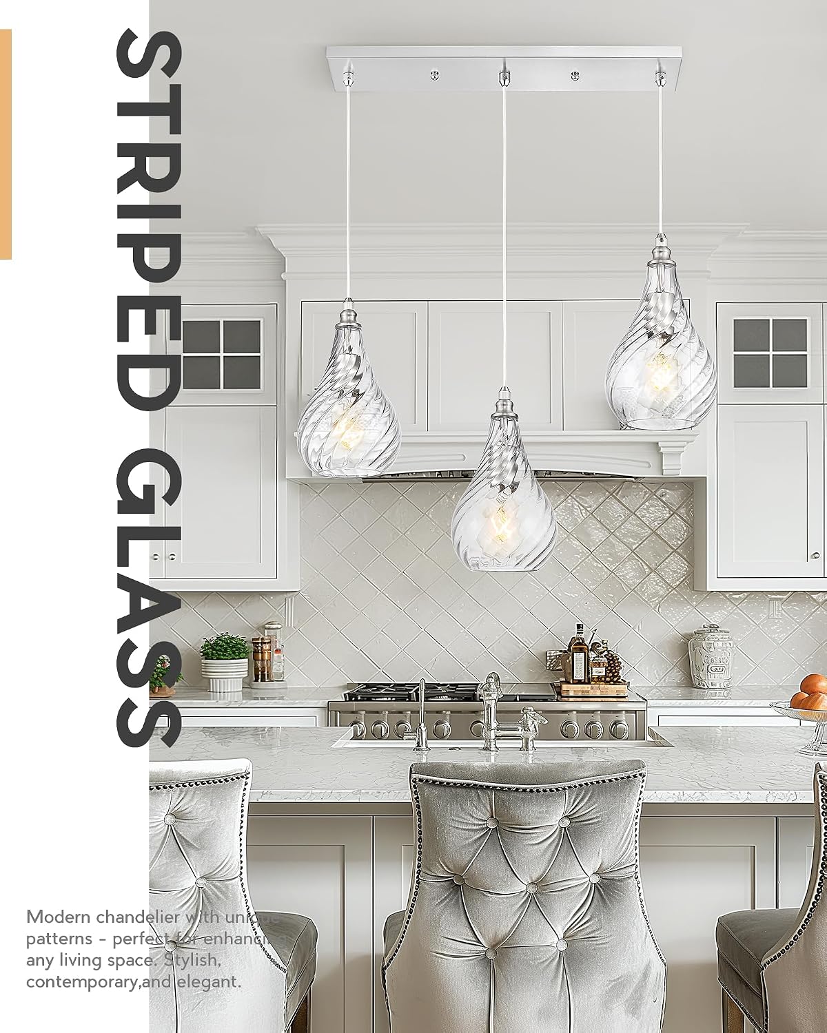 TENGXIN 3-Light Pendant Lights for Kitchen Islands - 6 Inch Brushed Nickel with Striped Glass. Farmhouse Style, Ideal for Dining Rooms and Bedrooms, Model TXPLBN12-3.
