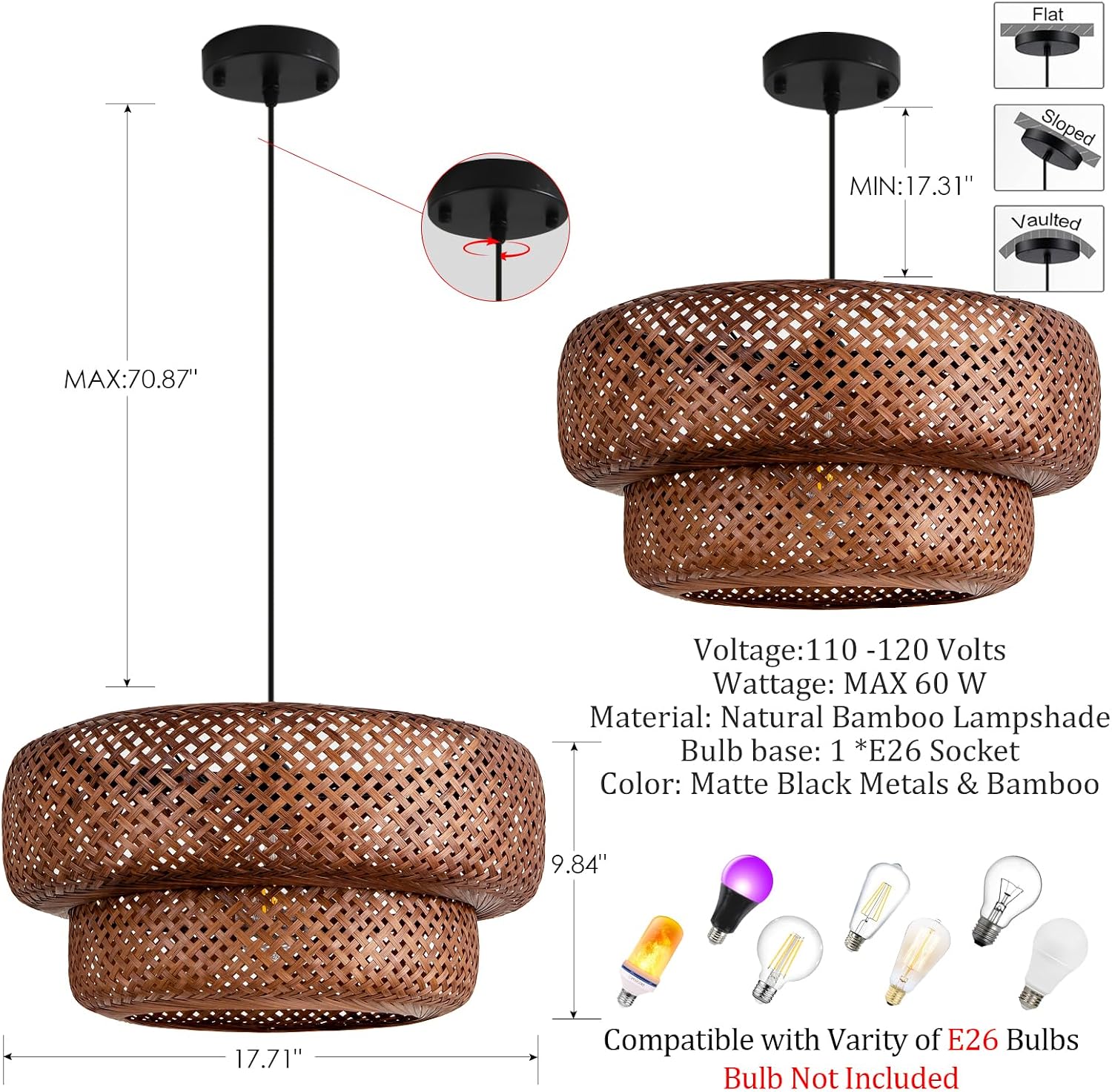 Bamboo Pendant Light,Dark Curry Boho Rattan Hanging Light,17.7' Hand Woven Wicker Chandelier for Kitchen Island for Kitchen Island Dining Bedroom Living Room Restaurants