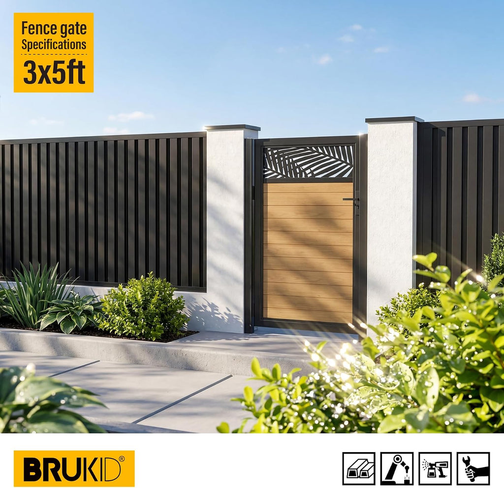 3x5 FT Aluminum Fence Gate Kit Wood Grain Aluminum Gate with Decorative Cutout, Lock & Hinges, Left/Right Opening, Weather Resistant for Yard Garden Patio
