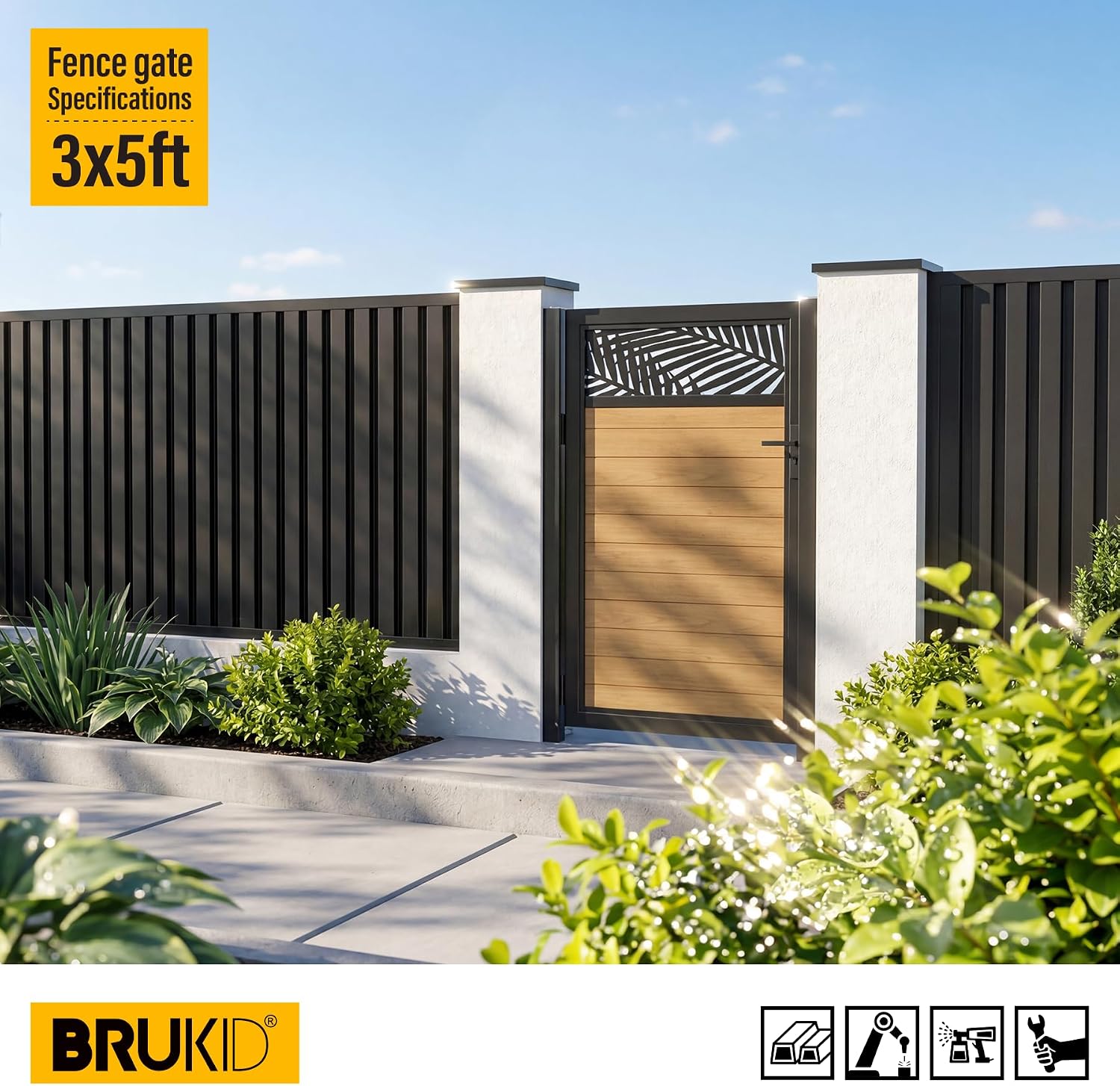 3x5 FT Aluminum Fence Gate Kit Wood Grain Aluminum Gate with Decorative Cutout, Lock & Hinges, Left/Right Opening, Weather Resistant for Yard Garden Patio