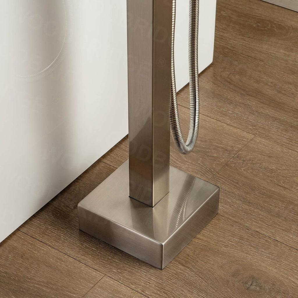 Woodbridge Brushed Nickel Freestanding Tub Filler Single Handle Floor Mounted Faucets with Handheld Shower. Square Design