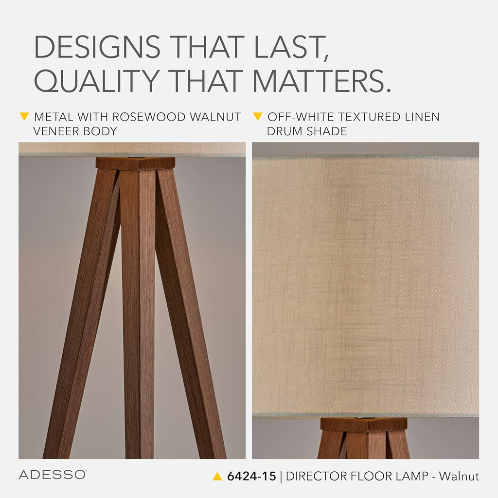 Adesso Floor Lamp with Walnut Rosewood Veneer and Beige Fabric Lampshade – 3-Way Adjustable Brightness, Lamp for Bedroom, Living Room, and House Décor, 60.25' x 21'