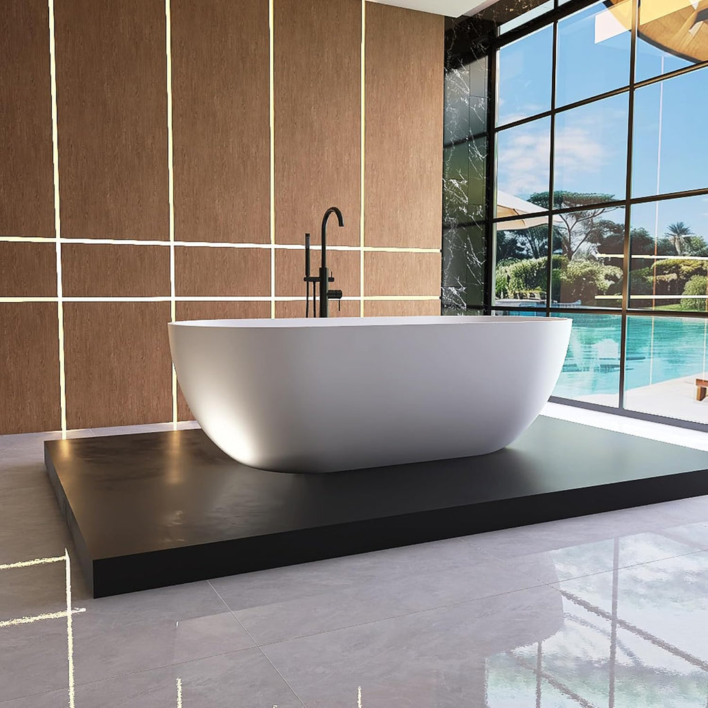Oval 69' Freestanding Tub, Solid Surface Bathtub Matte White | Modern Stand Alone Bathtub, Stone Resin Free Stand, Contemporary Soaking Tub with Pop-Up Drain and Overflow