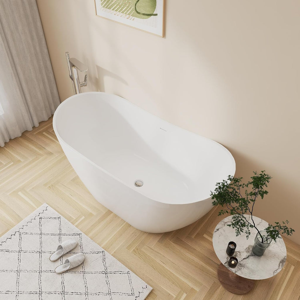 60' Premium Modern Stand Alone Freestanding Bathtubs, Upgraded Acrylic Oval White Soaking Bathroom Tub with CUPC Drain