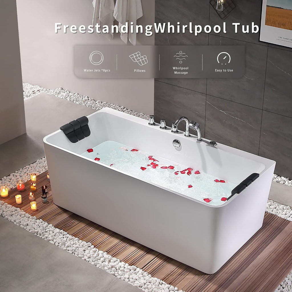 Empava 67 inch Whirlpool Bathtub, Acrylic Freestanding Tub Hydromassage Gracefully Rectangle Shaped Whirlpool 8 Water Jets Soaking SPA, Double-Ended Massage Bathtub with Black Pillows, White