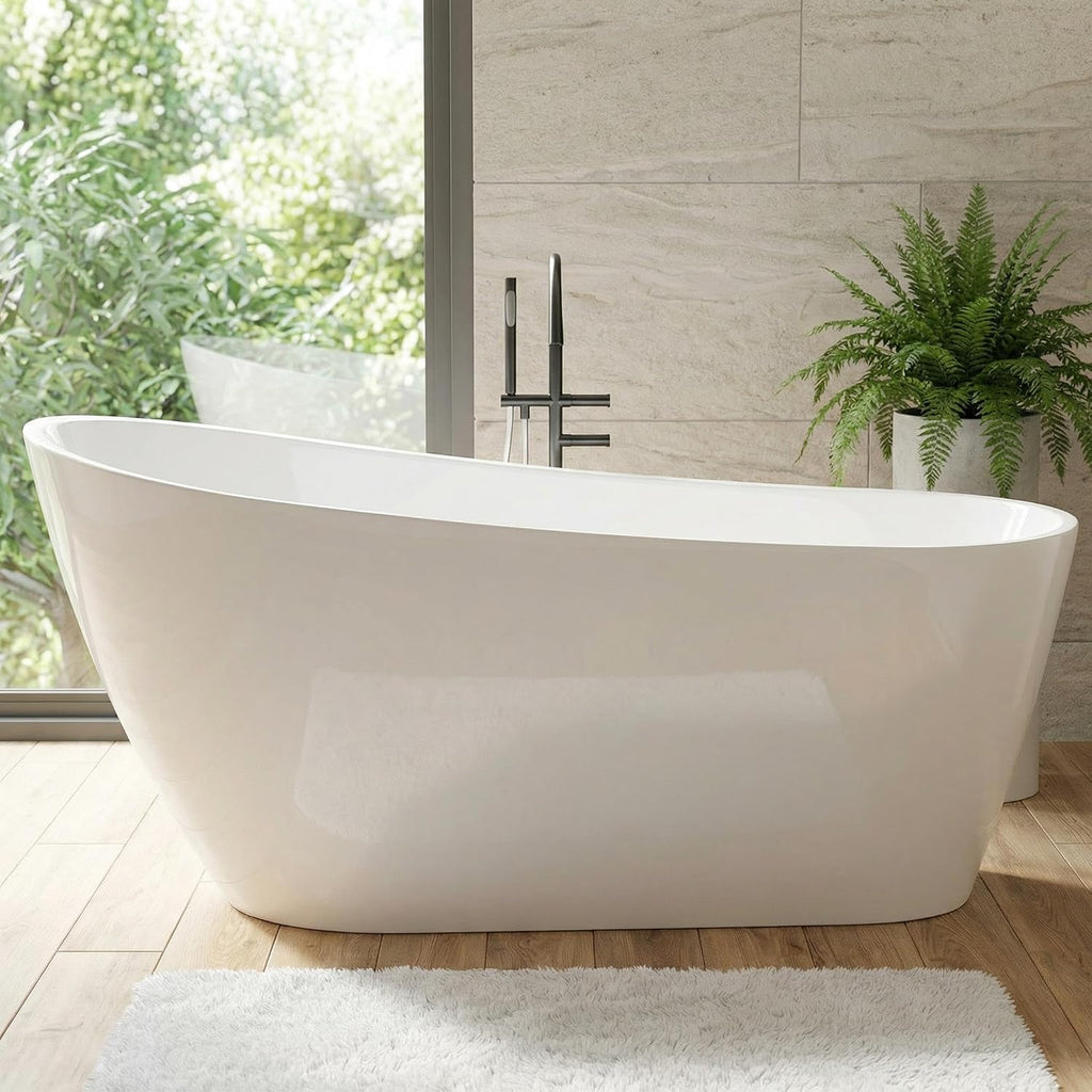 59 Inch Acrylic Freestanding Bathtub, Soaking Bathtub with Matte Drain and Overflow, Modern Square Tub with Deep Ergonomic Design, Double-Walled Insulation for Bathroom Relaxation, cUPC Certified