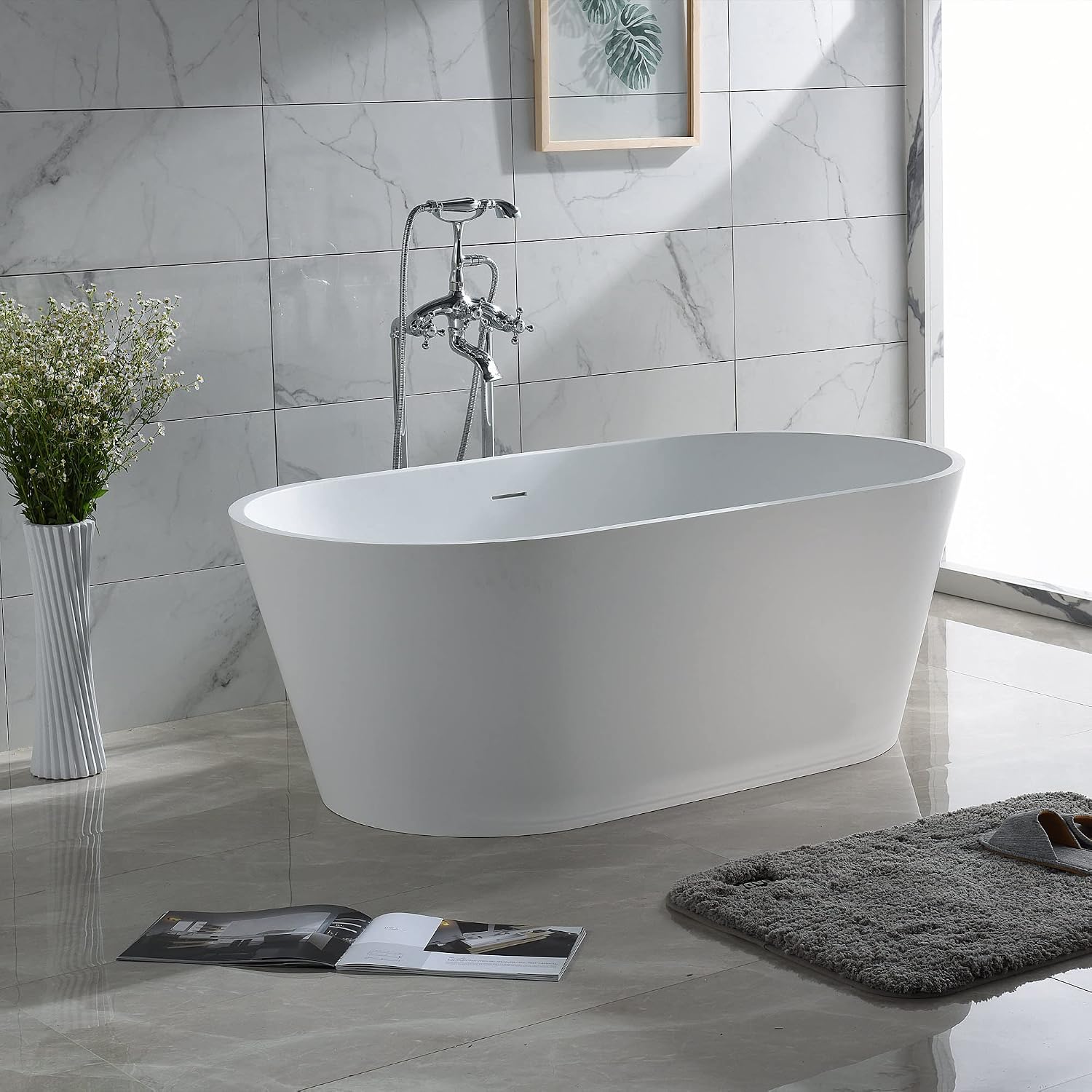 Dowell 60' Luxury Modern Stone Resin Freestanding Bathtub | Matte White Oval Solid Surface Soaking Tub with Integrated Slotted Overflow 077 60