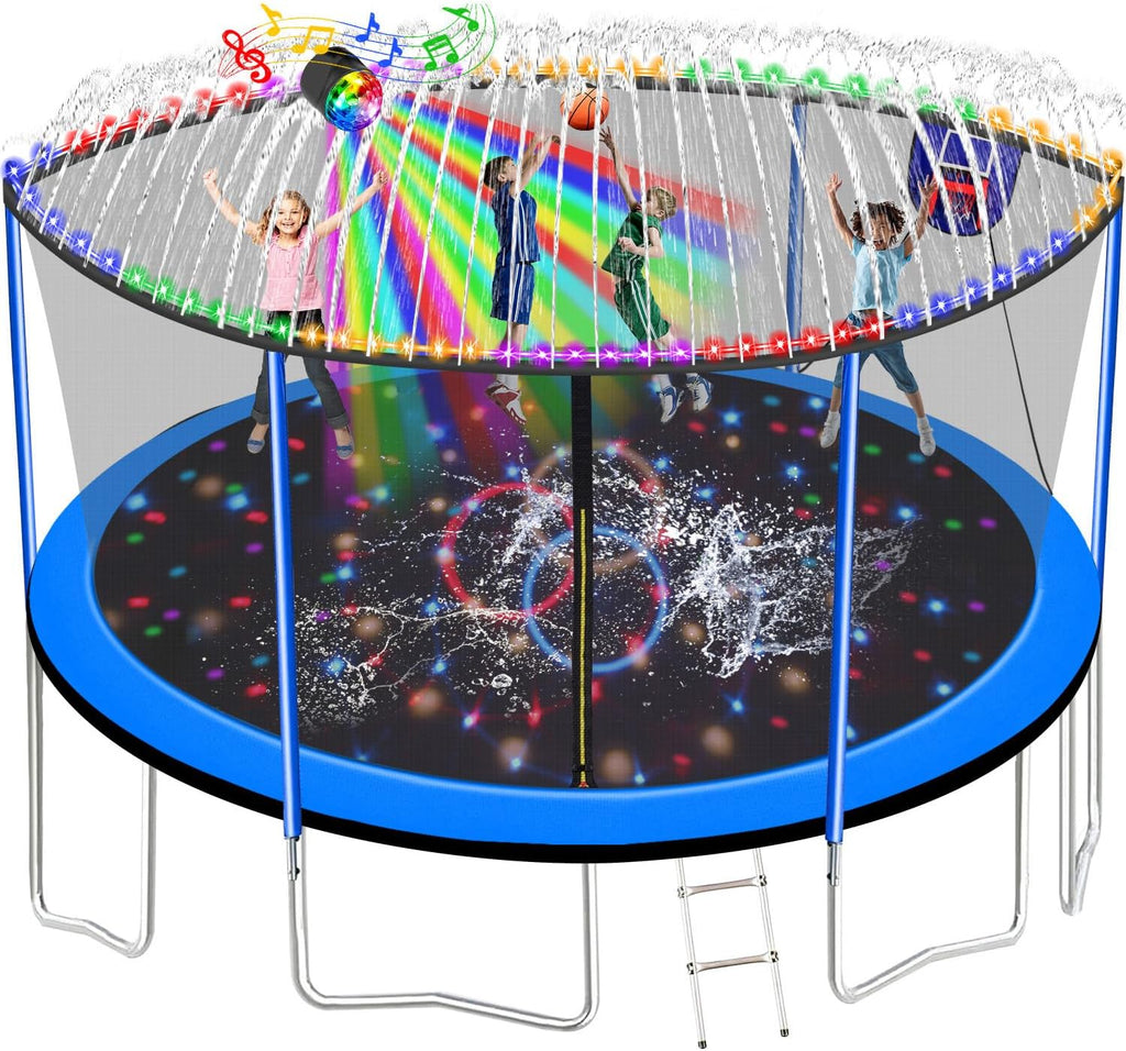 1500LBS 10FT 12FT 14FT 15FT 16FT Trampoline with LED Lights, Sprinkler, Music Speaker and Socks, ASTM Approved Outdoor Trampoline for Kids and Adults, Backyard Trampolines with Net Enclosure