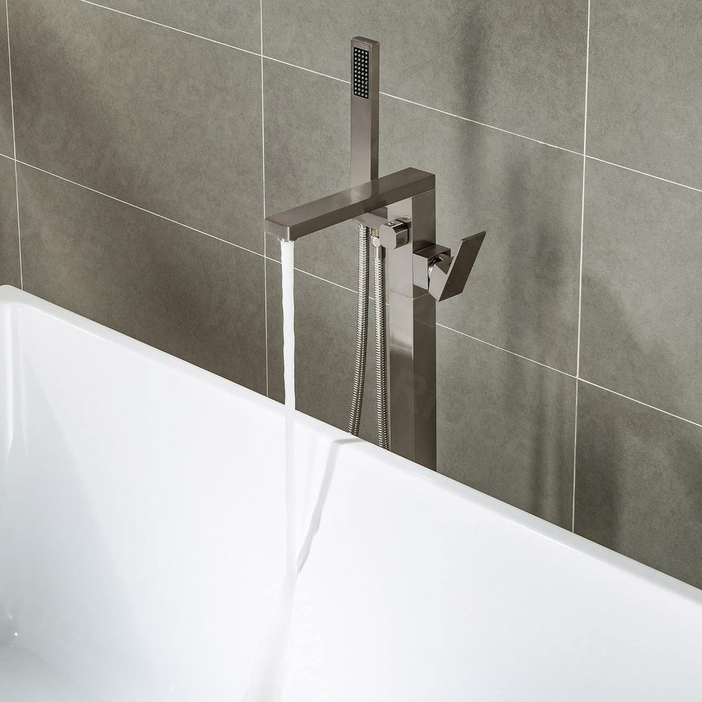 Woodbridge Brushed Nickel Freestanding Tub Filler Single Handle Floor Mounted Faucets with Handheld Shower. Square Design
