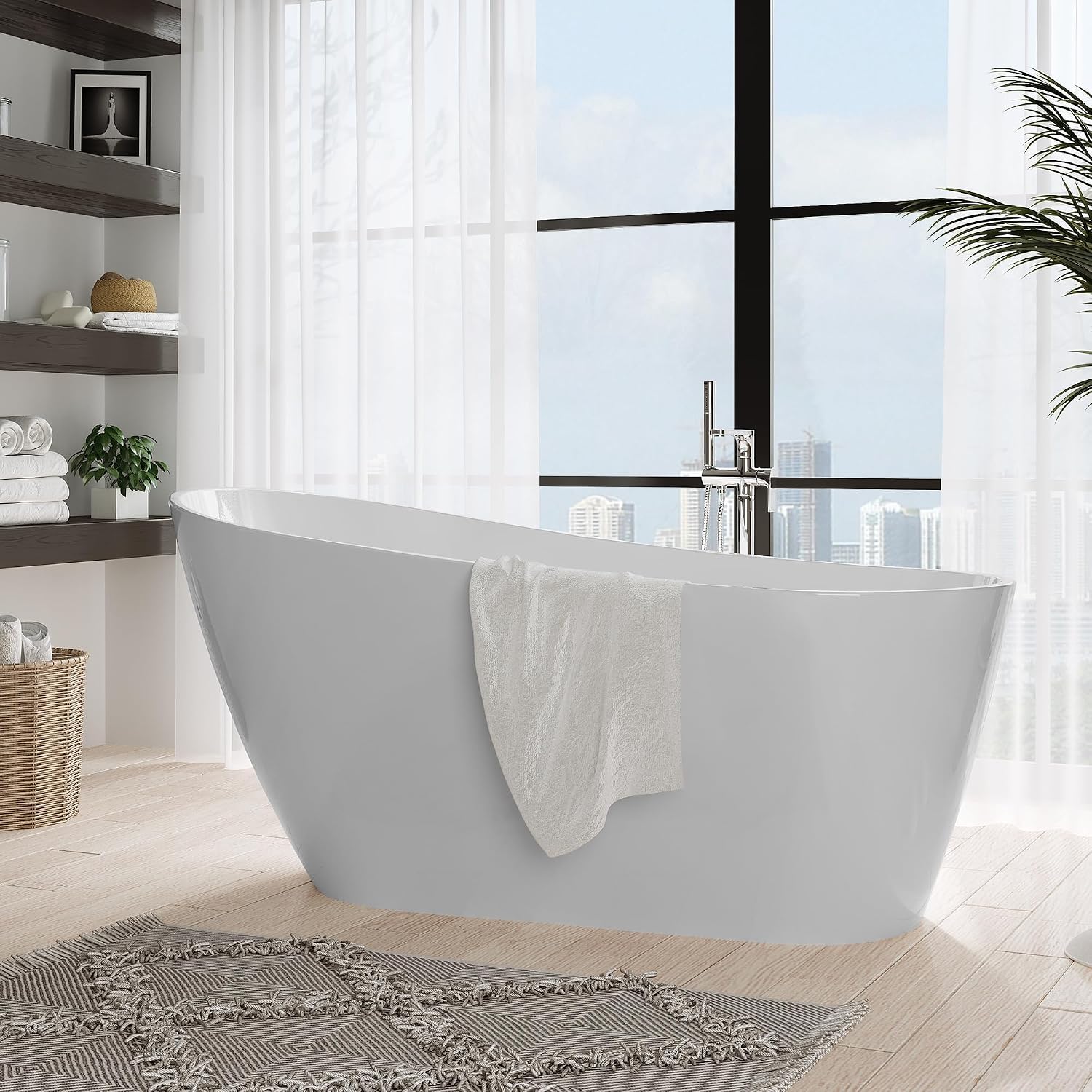 67' Freestanding Bathtub, Black Exterior White Interior Acrylic Stand Alone Soaking Tub, Modern Oval Bath with Ergonomic Design and Chrome Drain for Bathroom Remodel and Home Spa