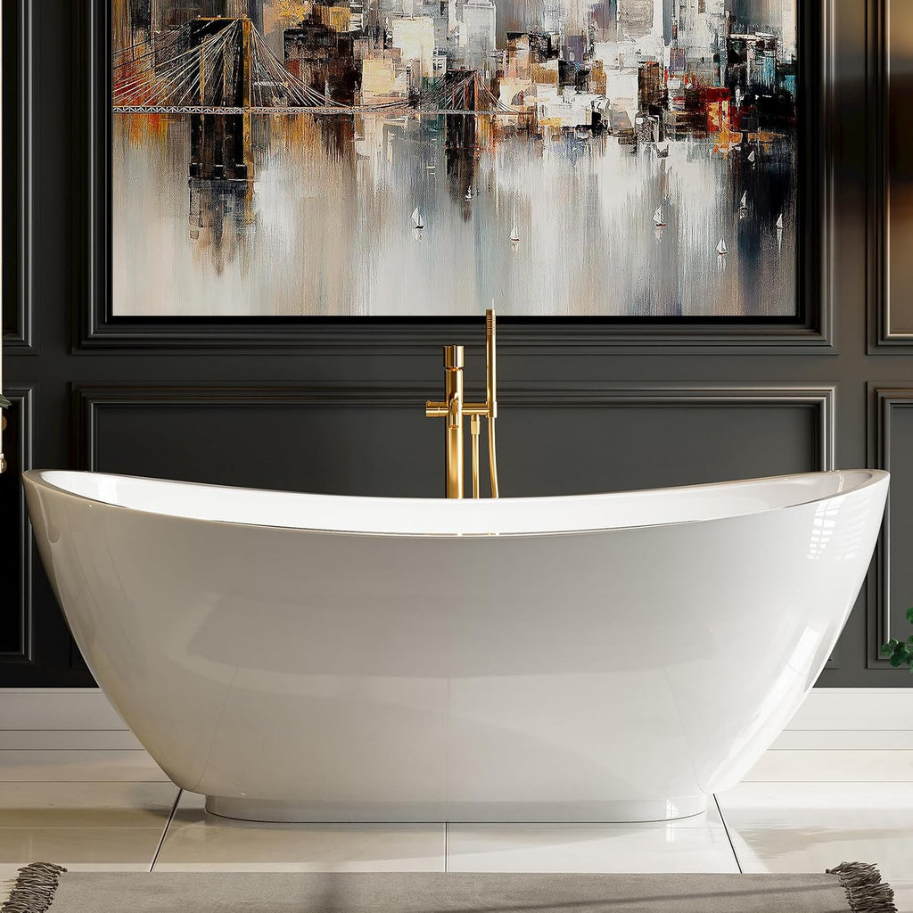Empava 69 Inch Freestanding Bathtub, Acrylic Soaking Tub with 15' Internal Water Depth & Non-Slip Bottom, Modern Oval White Tub for One Adult, 58 Gallon Capacity, cUPC Certified