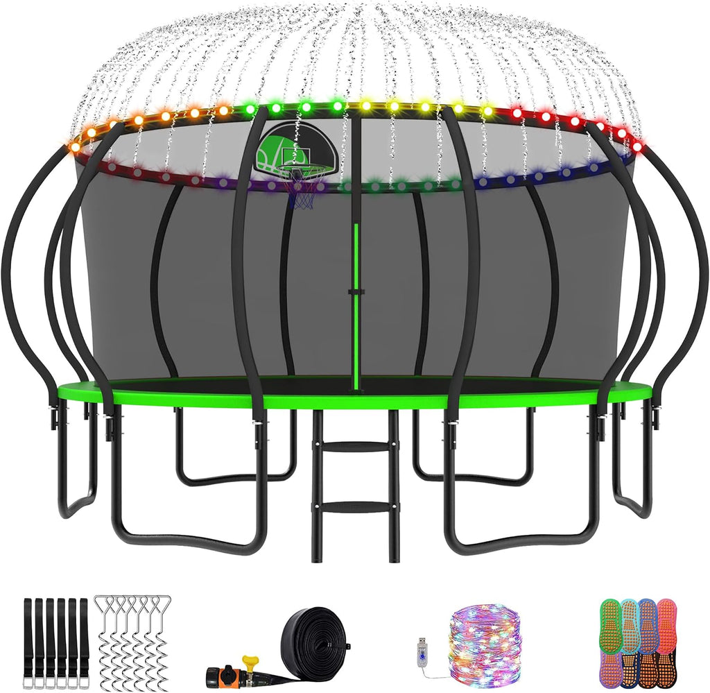 YORIN Outdoor Backyard Bouncer with Basketball Hoop, Light and Sprinkler, Heavy Duty Jumping Set for Kids & Adults, 10FT 12FT 14FT 15FT 16FT, 1500LBS Capacity, ASTM Certified, Galvanized Steel Frame