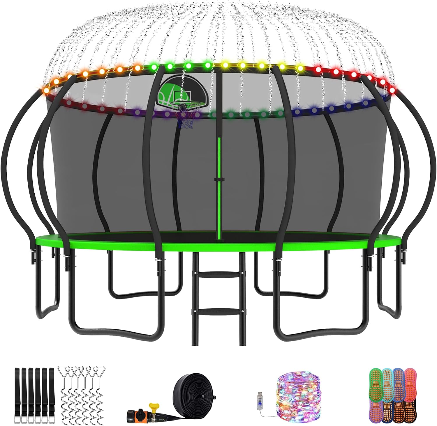 YORIN Outdoor Backyard Bouncer with Basketball Hoop, Light and Sprinkler, Heavy Duty Jumping Set for Kids & Adults, 10FT 12FT 14FT 15FT 16FT, 1500LBS Capacity, ASTM Certified, Galvanized Steel Frame