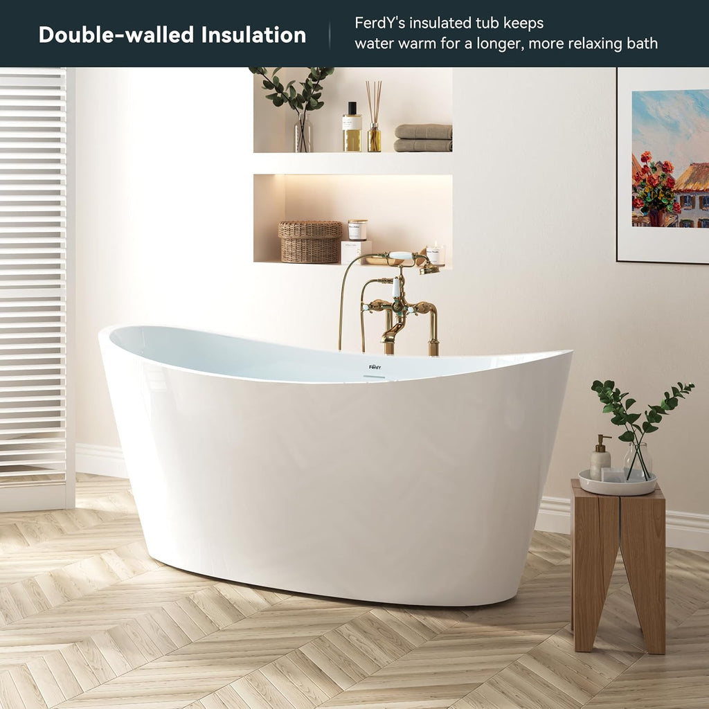 FerdY Naha Elite 59' Acrylic Freestanding Bathtub, Curve Edge Freestanding Soaking Bathtub, Glossy White, cUPC Certified, Brushed Nickel Drain& Bath Pillow for Bathtub,Thick Tub Pillows