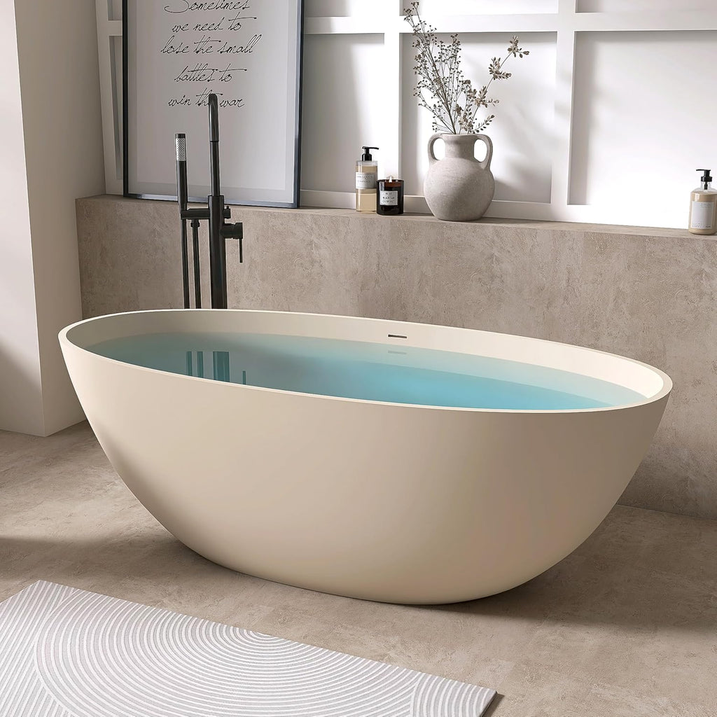 65' Freestanding Bathtub Tubs Resin Stone, Solid Surface Free Standing Tub, Oval Sorker Tub Bathtubs with Overflow and Pop up Drain, Latte Color303-165