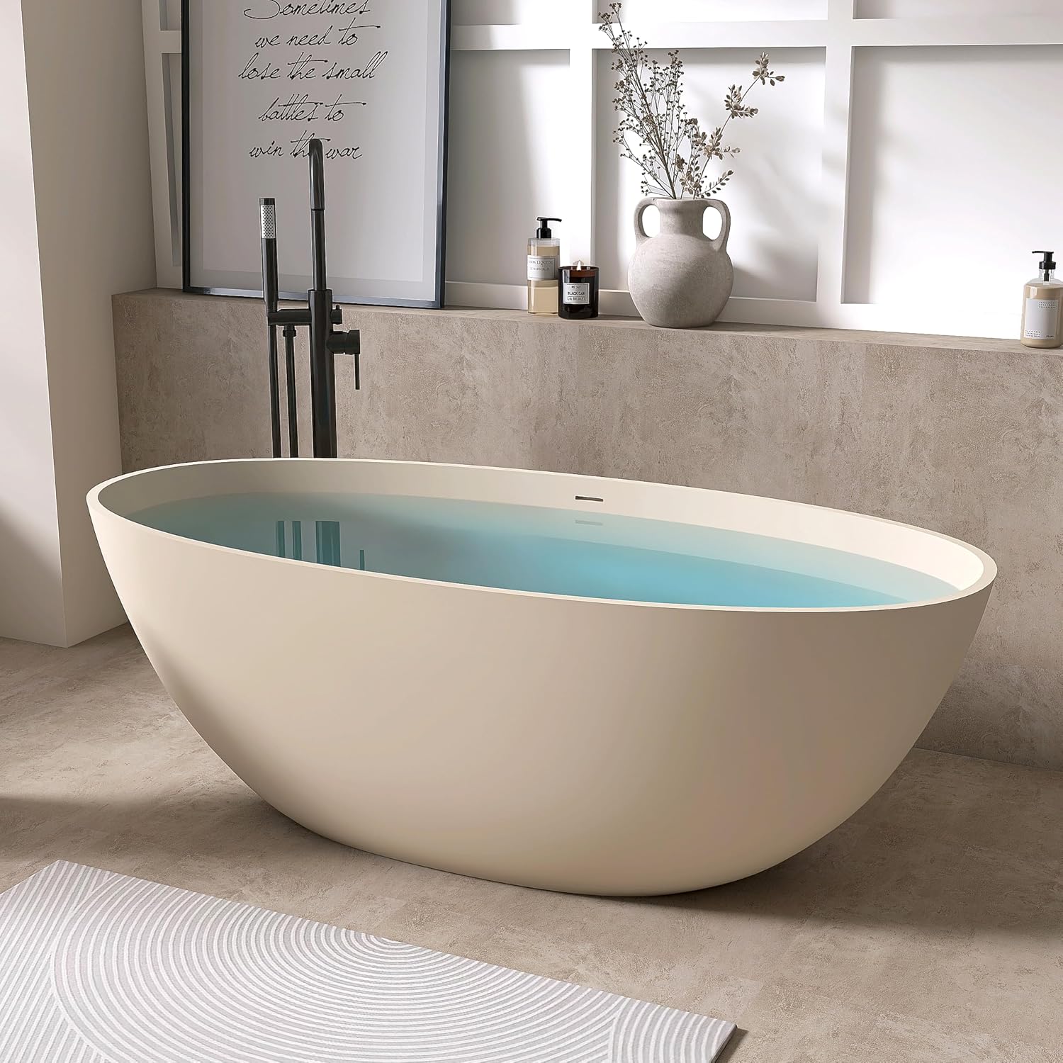 65' Freestanding Bathtub Tubs Resin Stone, Solid Surface Free Standing Tub, Oval Sorker Tub Bathtubs with Overflow and Pop up Drain, Latte Color303-165