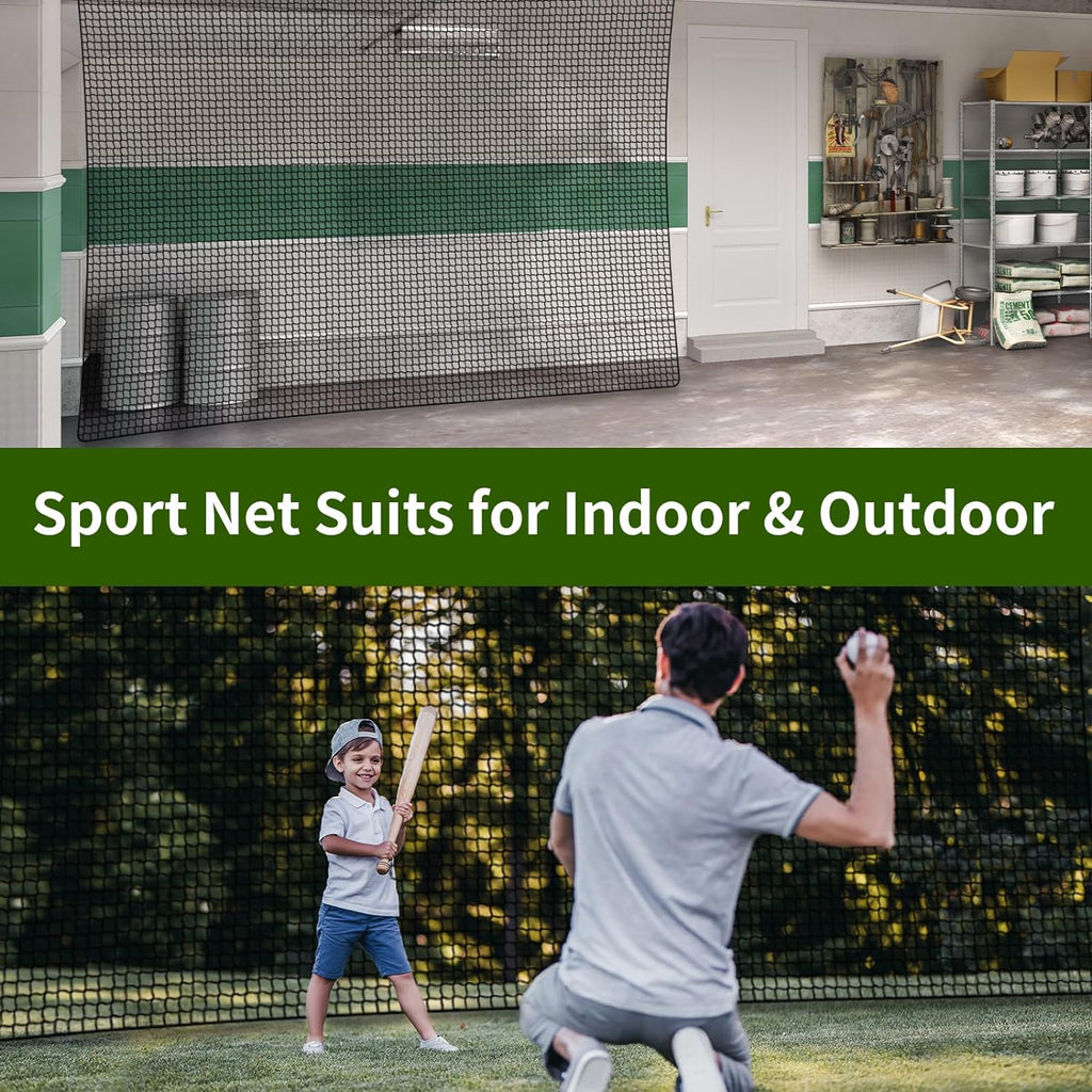 Baseball Net Netting Batting Cage Net Backstop Net - Heavy Duty Nylon Sports Netting with 33FT Rope & Steel Hanging Kit, Multiple Sizes for Backyard Garage Indoor Outdoor Practice