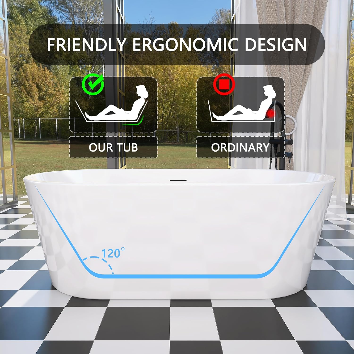 59' Free Standing Tub, Pure Acrylic Freestanding Bathtub, Stylish Stand Alone Contemporary Deep Soaking Bath Tub, cUPC Certified SY1550 (Glossy White)