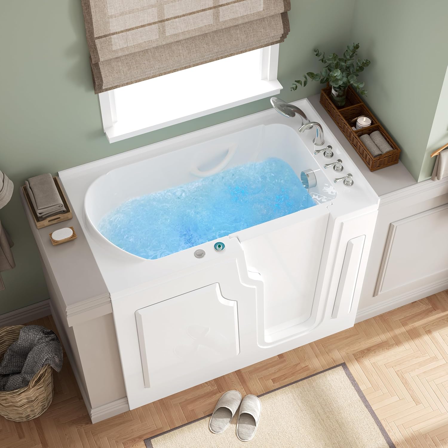 FerdY Floridian 55'x33' Walk-in Whirlpool Bathtub with 16 Air Water SPA Jets and Right-Side Door Opening and Quick Fill and Drain System, Rectangular Soaking Jetted Bath Tub in White with LED Lights