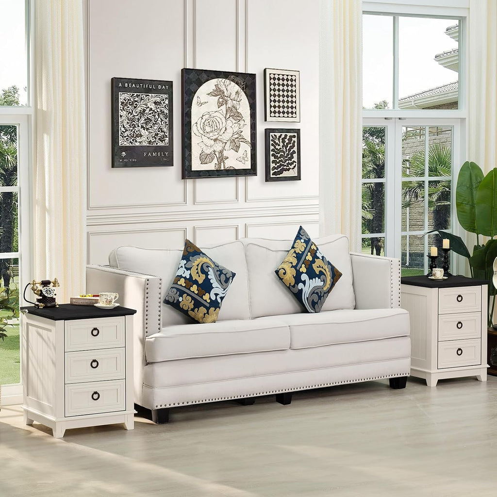 Joaxswe Farmhouse Night Stand Set of 2, 18' End Table with 3 Drawer Metal Handle, Dresser for Bedroom, Sofa Bed Side Table Chest of Drawers,Wood Nightstand Cabinet for Organizer, Living Room-White