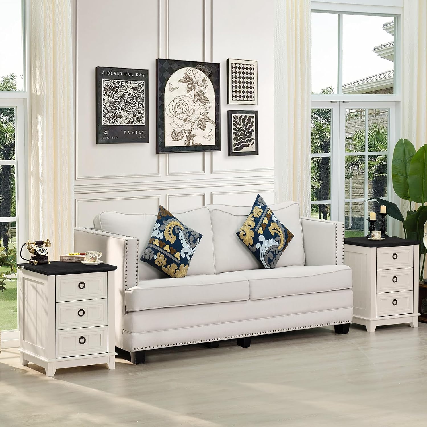 Joaxswe Farmhouse Night Stand Set of 2, 18' End Table with 3 Drawer Metal Handle, Dresser for Bedroom, Sofa Bed Side Table Chest of Drawers,Wood Nightstand Cabinet for Organizer, Living Room-White