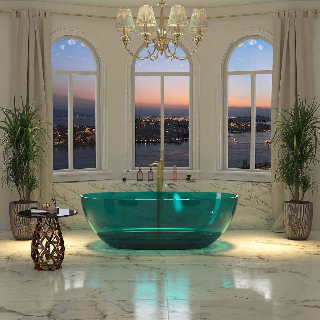 CASAINC 67' Soaking Tub Transparent Resin Freestanding Bathtub Modern Oval Design Stand Alone Tub with Pop-up Drain, 73.32 Gallons Water Storage Capacity and 415 MM Soaking Depth, Transparent Sea Blue