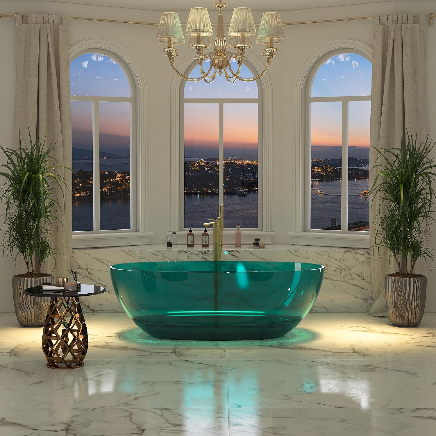 CASAINC 67' Soaking Tub Transparent Resin Freestanding Bathtub Modern Oval Design Stand Alone Tub with Pop-up Drain, 73.32 Gallons Water Storage Capacity and 415 MM Soaking Depth, Transparent Sea Blue