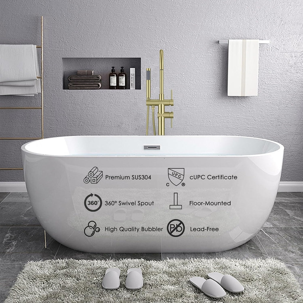 Freestanding Tub Faucet Floor Mount Tub Fillers, Senhozi Brushed Gold Free Standing Tub Faucets, Mixer Tap Two Handle Gold Freestanding Bathtub Faucet with Hand Shower, SE-3001-BG