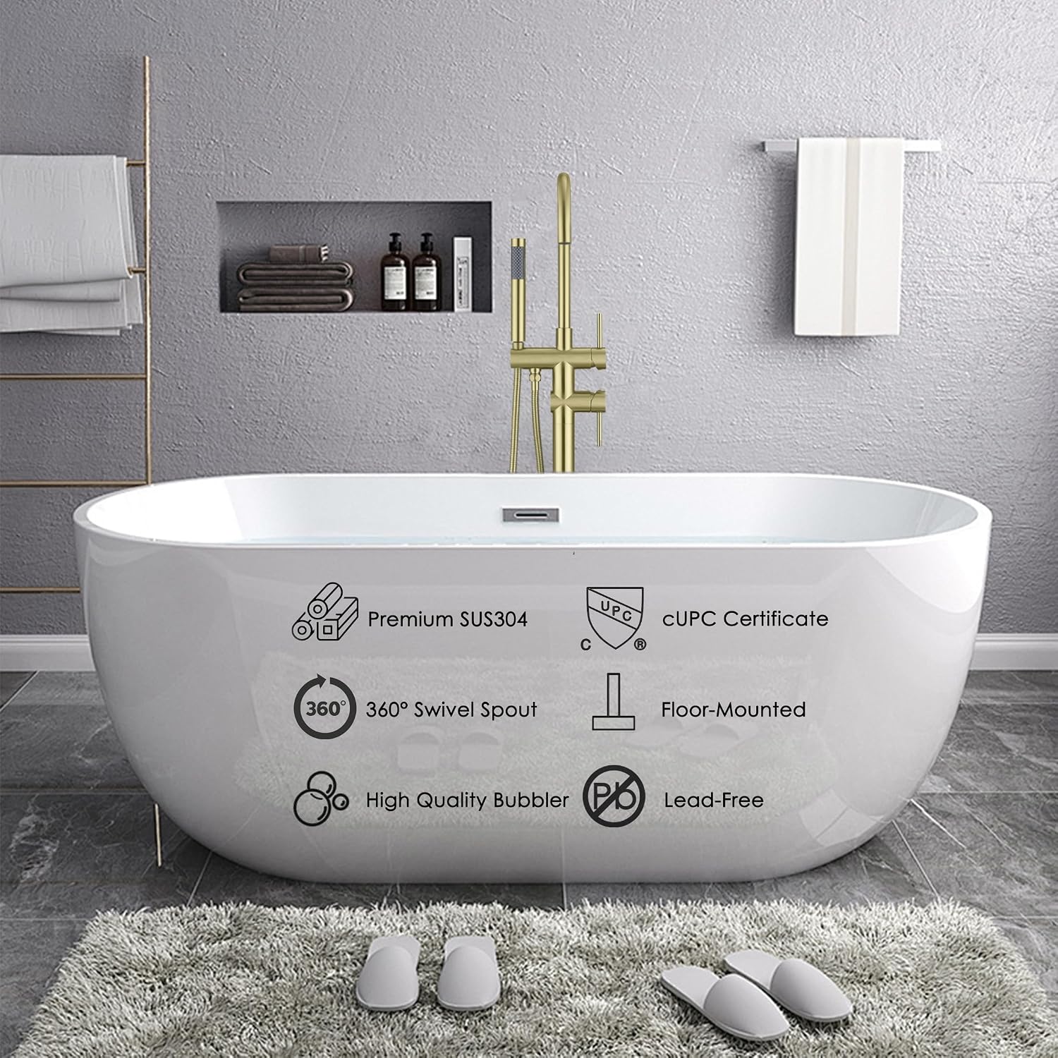 Freestanding Tub Faucet Floor Mount Tub Fillers, Senhozi Brushed Gold Free Standing Tub Faucets, Mixer Tap Two Handle Gold Freestanding Bathtub Faucet with Hand Shower, SE-3001-BG