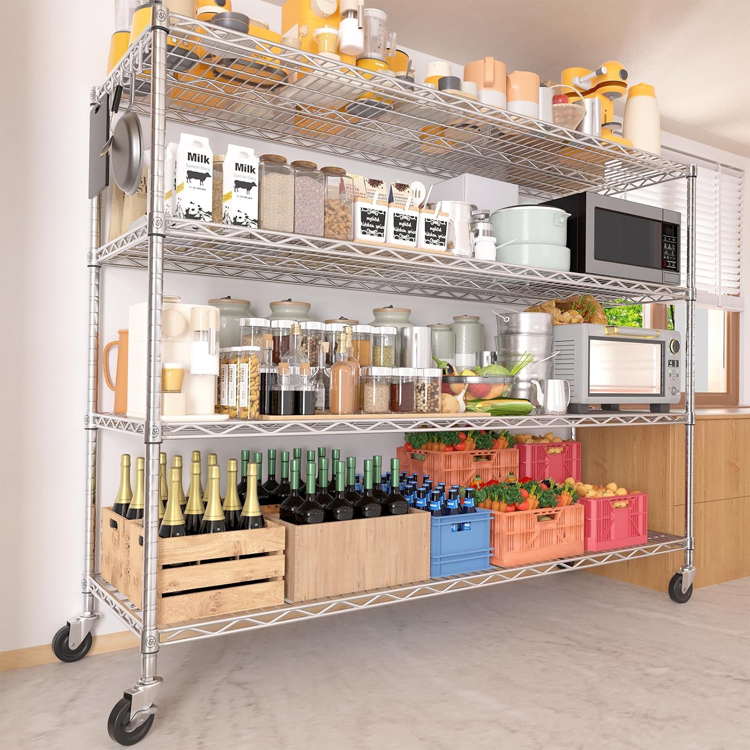 PrimeZone 4 Tier 55.5' Wx24 Dx76 H Wire Shelving with Wheels 2400lbs NSF Certified Storage Shelves Heavy Duty Metal Shelf Adjustable Rolling Rack Commercial Garage Restaurant Warehouse Kitchen Chrome