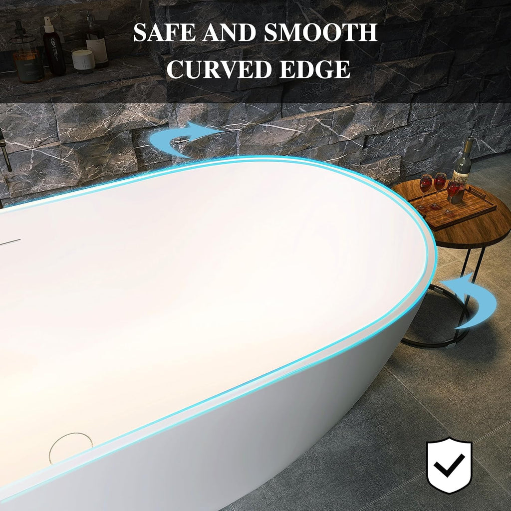 59' Resin Stone Freestanding Bathtub, Oval Solid Surface Freestanding Tub, Stand Alone Tub, Integrated Slotted Overflow and Pop-up Drain, Matte White