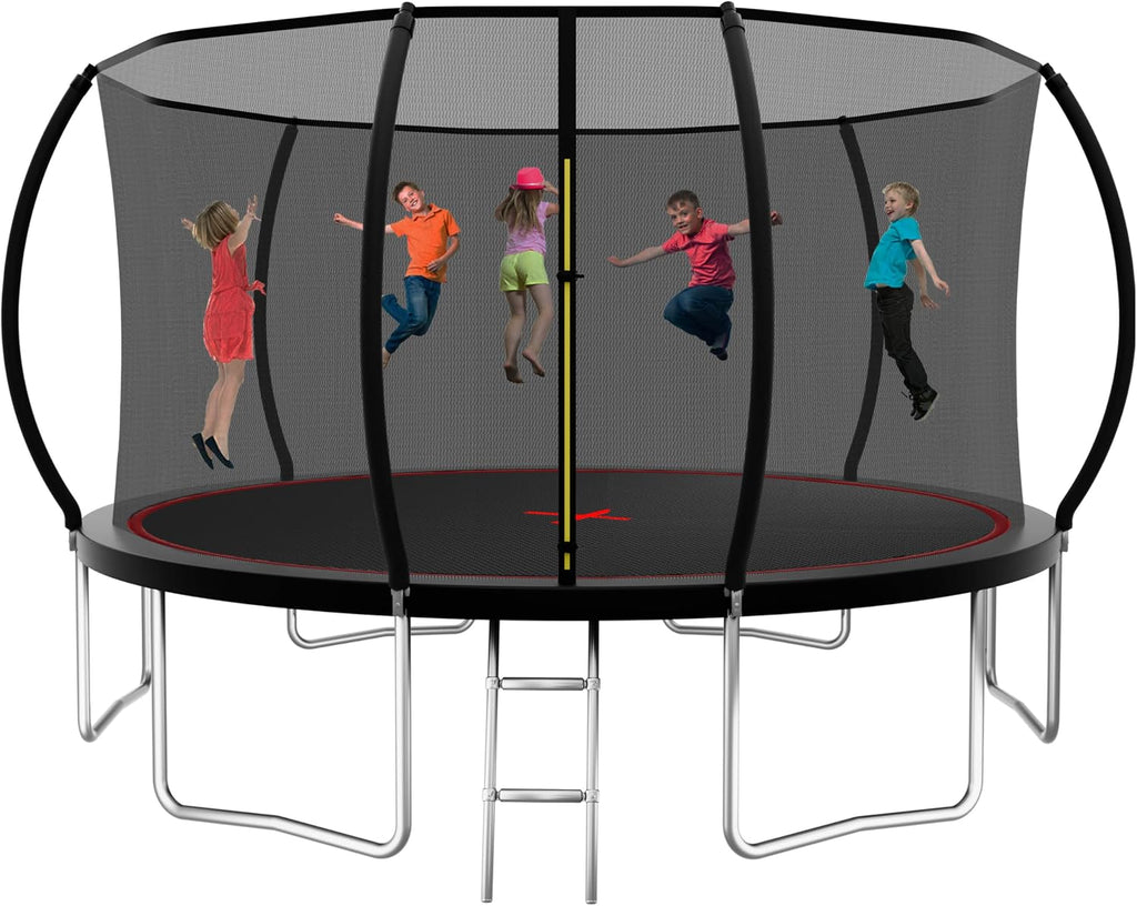 1500LBS 10FT 12FT 14FT 15FT 16FT Trampoline with LED Lights, Sprinkler, Music Speaker and Socks, ASTM Approved Outdoor Trampoline for Kids and Adults, Backyard Trampolines with Net Enclosure