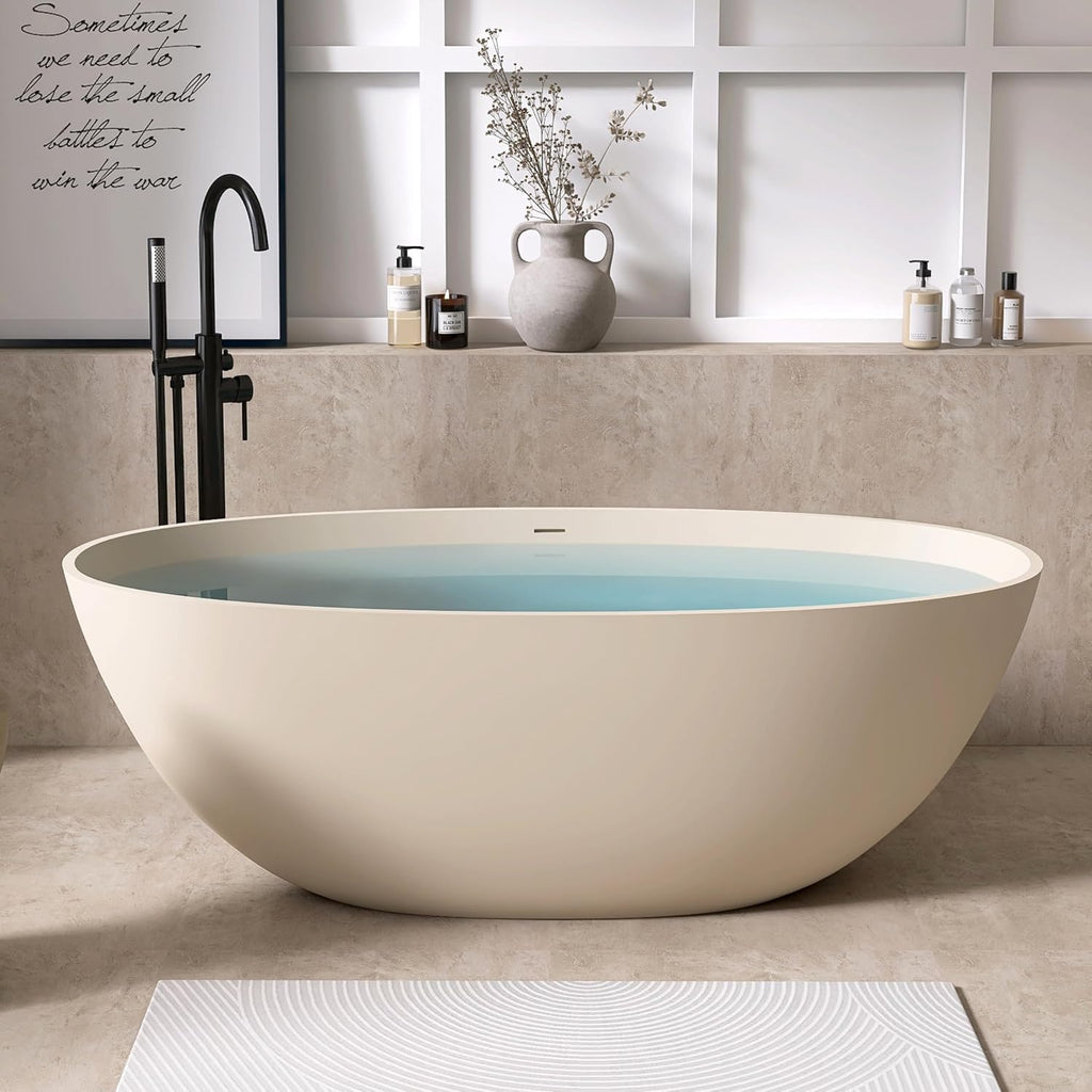 65' Freestanding Bathtub Tubs Resin Stone, Solid Surface Free Standing Tub, Oval Sorker Tub Bathtubs with Overflow and Pop up Drain, Latte Color303-165