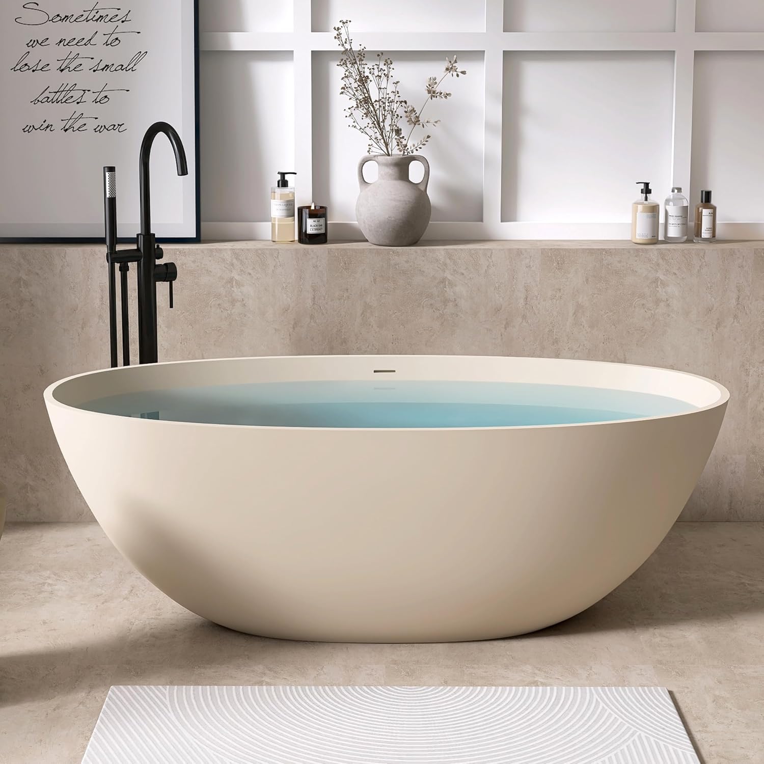 65' Freestanding Bathtub Tubs Resin Stone, Solid Surface Free Standing Tub, Oval Sorker Tub Bathtubs with Overflow and Pop up Drain, Latte Color303-165