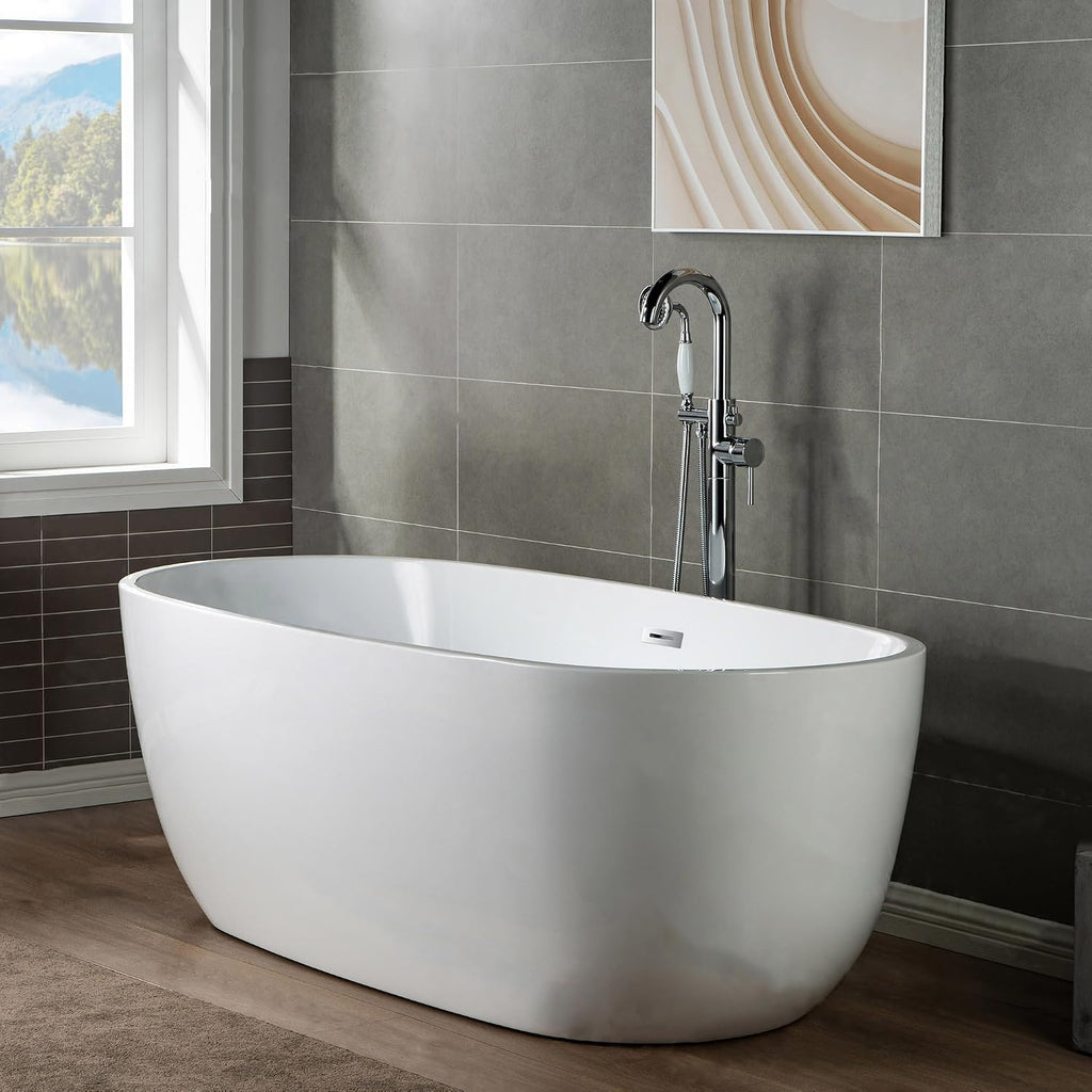 WOODBRIDGE F0002CHVT Fusion Single Handle Floor Mount Freestanding Tub Filler Faucet with Telephone Hand shower in Polished Chrome Finish