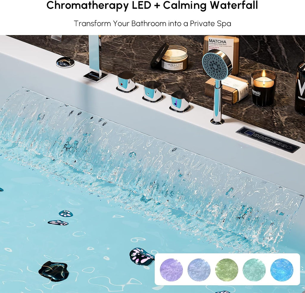 Homary 70.8' Whirlpool Bathtub with Thermostat Control, 2-Person Jetted Bathtub 3-Sided Apron Acrylic Soaking Tub with Jets, Lighted, Heater & Chromatherapy for Home Spa