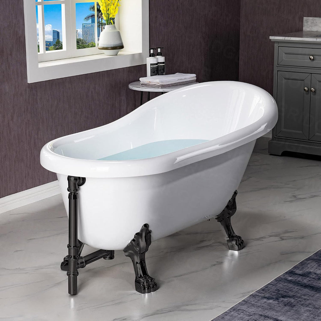WOODBRIDGE 54' Heavy Duty Acrylic Slipper Clawfoot Bath Tub with Matte Black Feet & Matte Black Drain &Overflow,B0021 MB