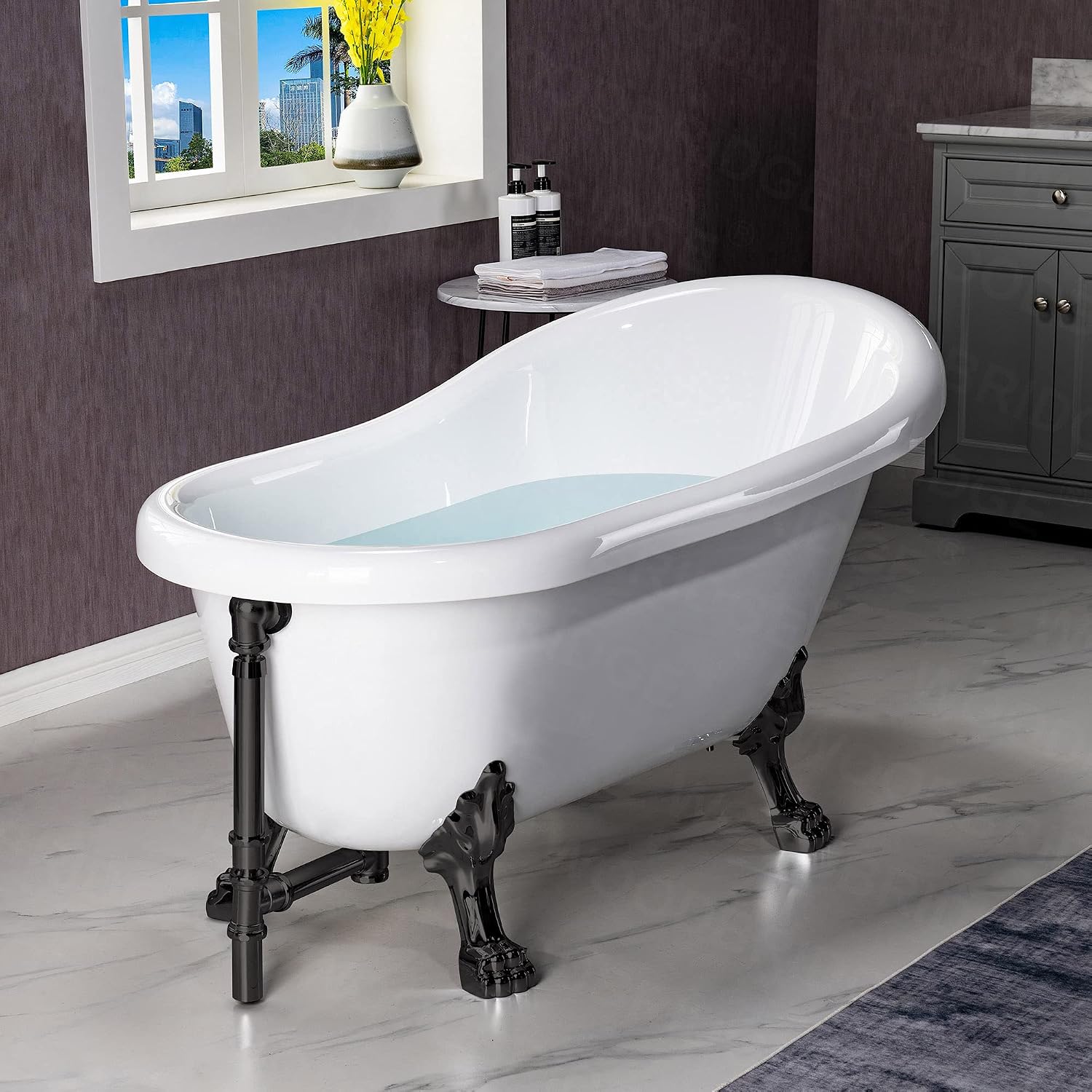 WOODBRIDGE 54' Heavy Duty Acrylic Slipper Clawfoot Bath Tub with Matte Black Feet & Matte Black Drain &Overflow,B0021 MB