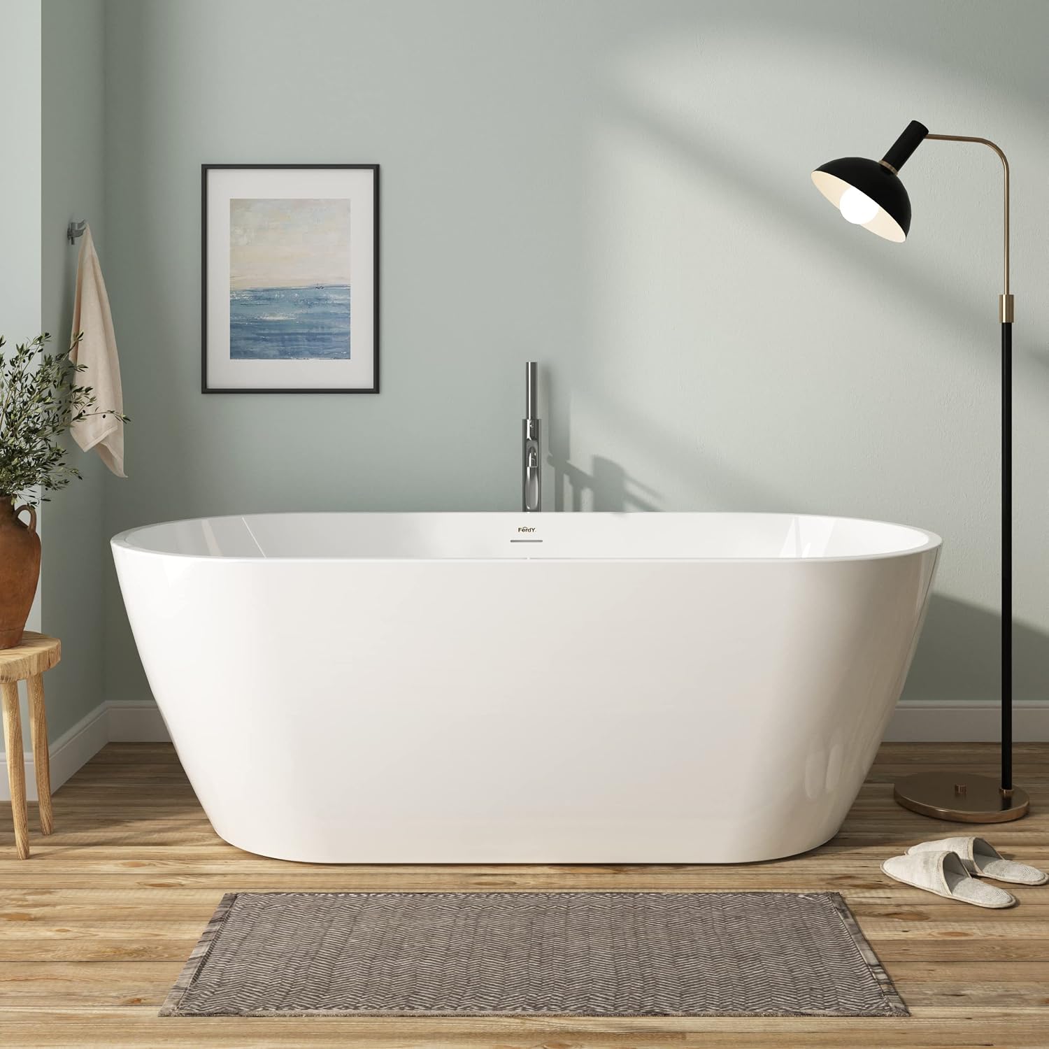 FerdY 67' Bali Acrylic Freestanding Bathtub with Headrest, Gracefully Shaped Soaking Bathtub, cUPC Certified, Toe-Tap Brushed Nickel Drain & Minimalist Linear Design Overflow & Bath Pillow Included