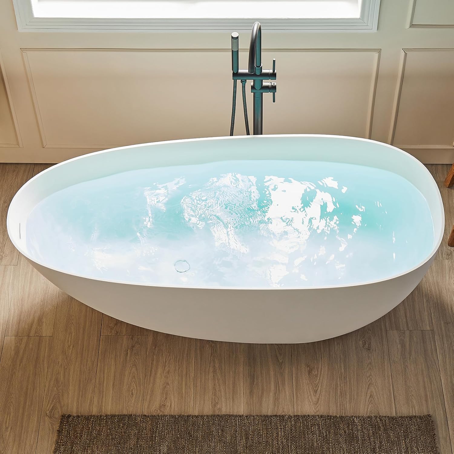 Cpingao 55' Stone Resin Freestanding Bathtub Contemporary Soaking Matte White Tub with Drain and Overflow, 8848-1400
