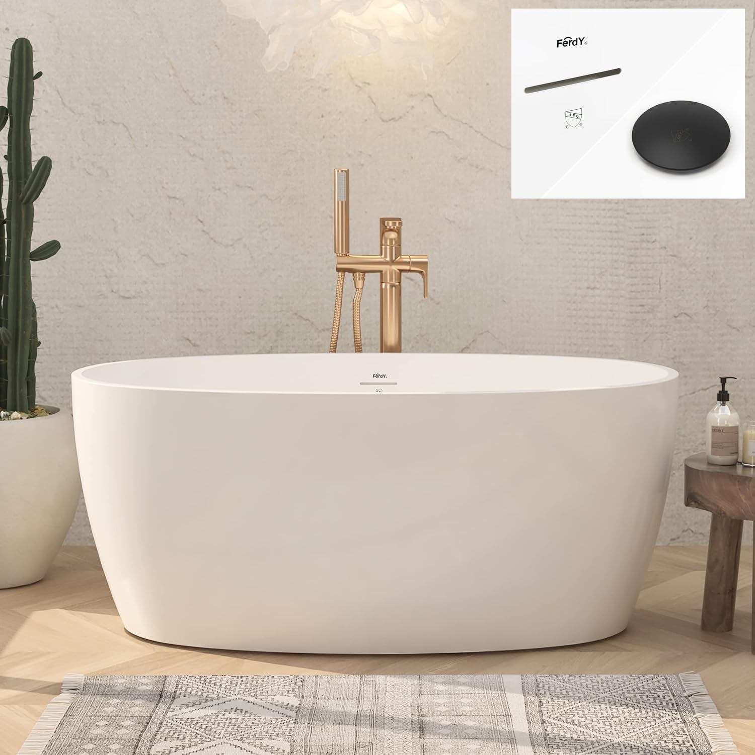 FerdY Tahiti 55' Acrylic Freestanding Bathtub, Elegant Oval Shape Soaking Bathtub, Glossy White, Matte Black Drain & FerdY Bath Pillow for Bathtub, Breathable 4D Air Mesh
