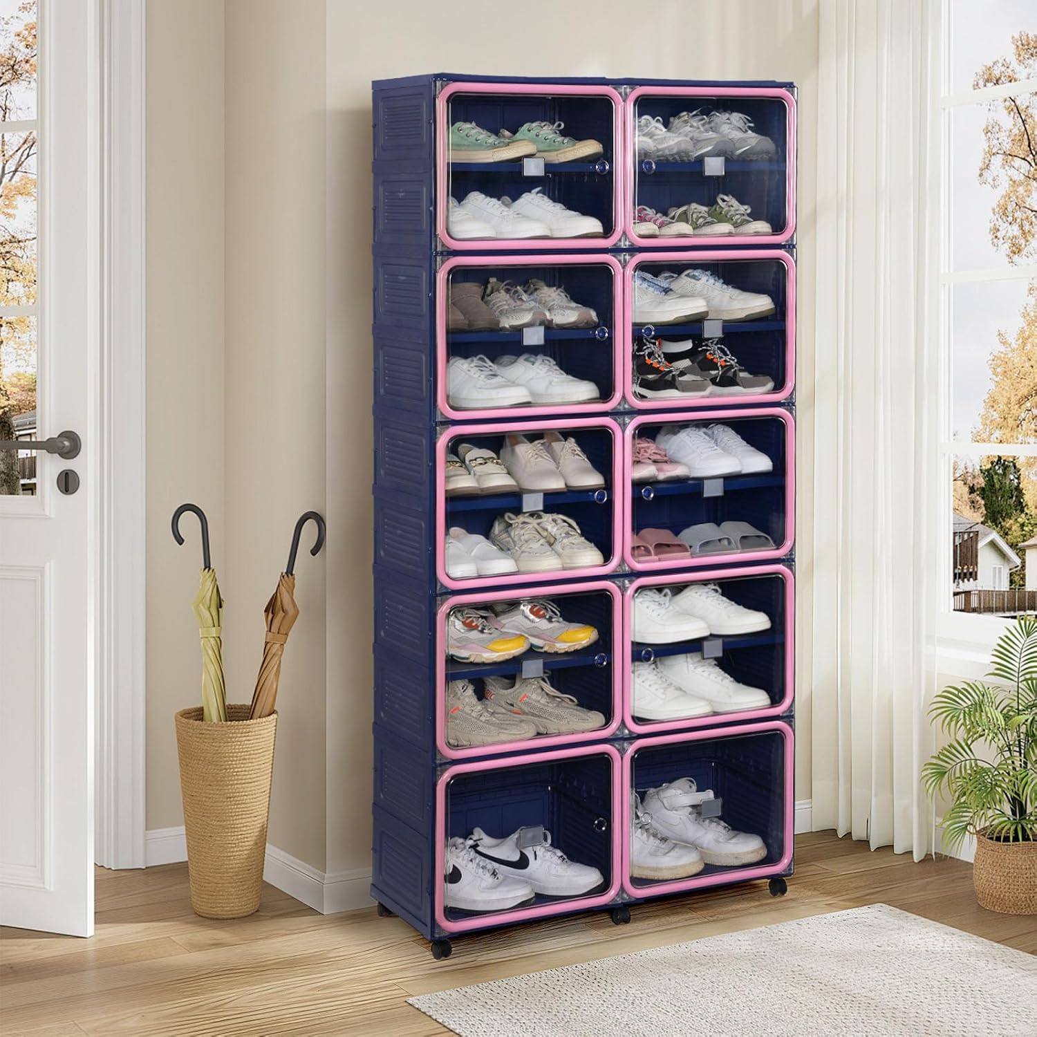 Folding Shoe Rack Storage Device,Large Plastic Folding Shoe Cabinet, Easy to Assemble Shoe Rack Storage Cabinet with Transparent Door Magnetic Buckle(9Tiers,36Pairs) Blue and Pink