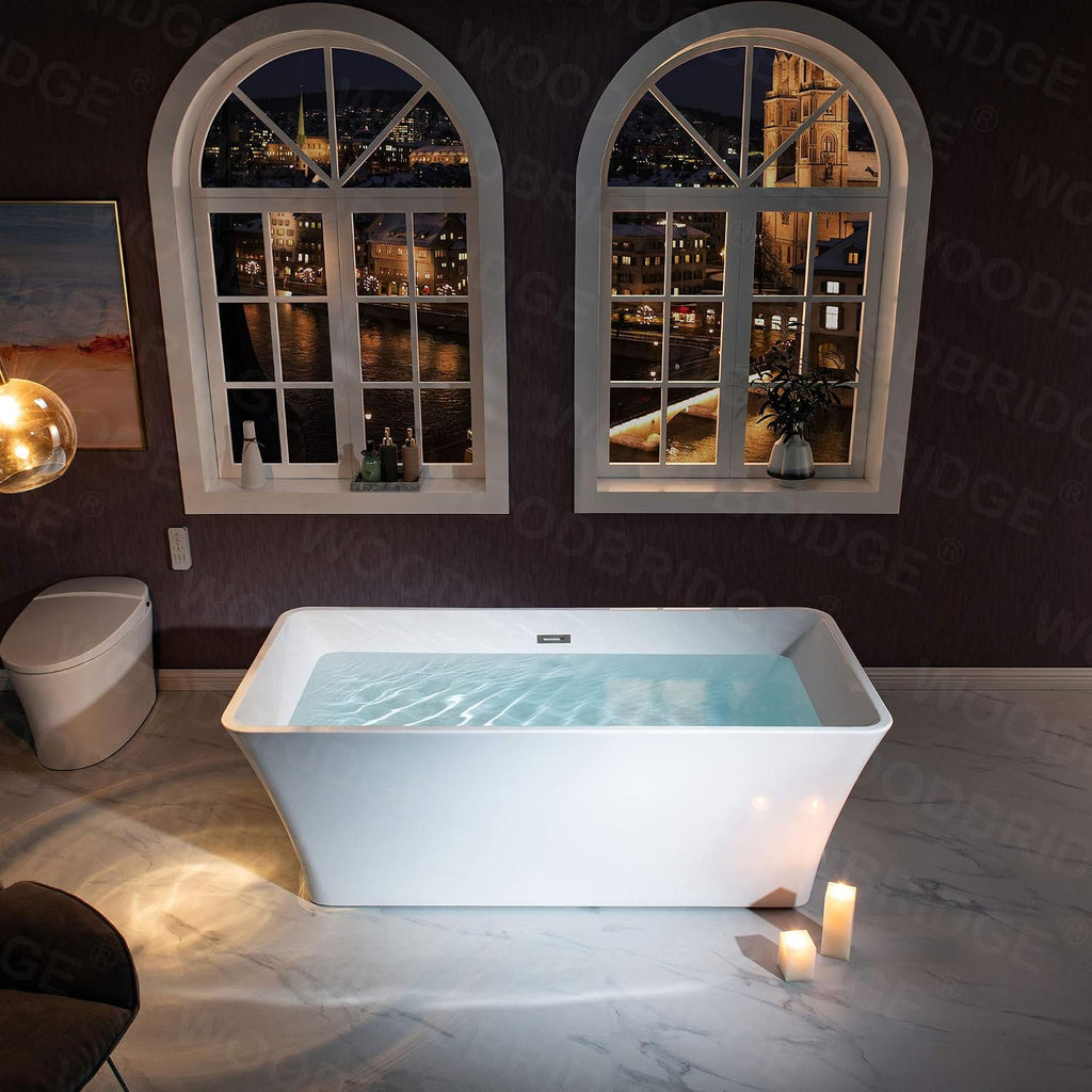 WOODBRIDGE 67' Acrylic Freestanding Bathtub Contemporary Soaking White Tub with Brushed Nickel Overflow and Drain，BTS1609 -B/N-Drain &O
